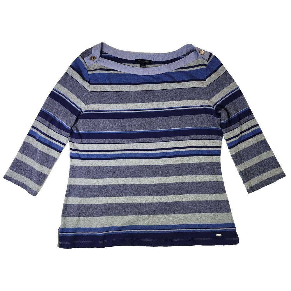 Tommy Hilfiger Top Shirt Women L Blue Striped Boat Neck Nautical Coastal Preppy
